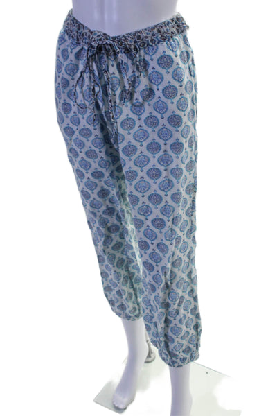 Basta Womens Cotton White Blue Printed Drawstring Cuff Ankle Jogger Pants Size S