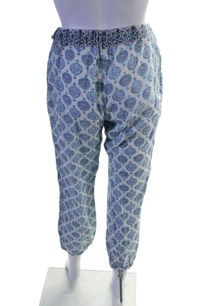 Basta Womens Cotton White Blue Printed Drawstring Cuff Ankle Jogger Pants Size S