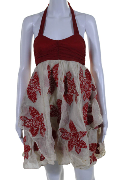 Alice + Olivia Womens Silk Floral Embroidered Ruched Tiered Dress Red Size XS