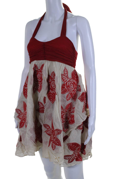 Alice + Olivia Womens Silk Floral Embroidered Ruched Tiered Dress Red Size XS