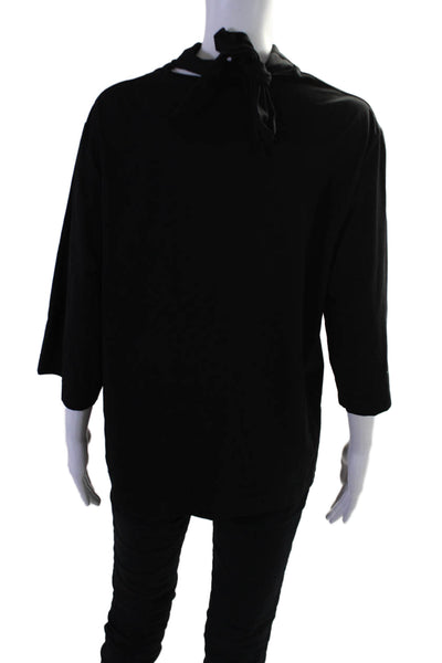 COS Womens Long Sleeves Tie Neck Tee Shirt Black Cotton Blend Size Medium