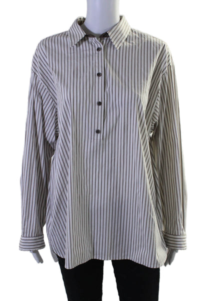 Lafayette 148 New York Womens Striped Half Button Shirt White Brown Size Medium