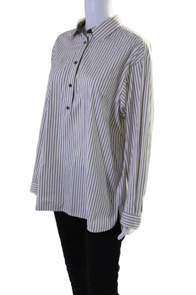 Lafayette 148 New York Womens Striped Half Button Shirt White Brown Size Medium