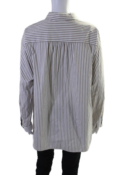 Lafayette 148 New York Womens Striped Half Button Shirt White Brown Size Medium