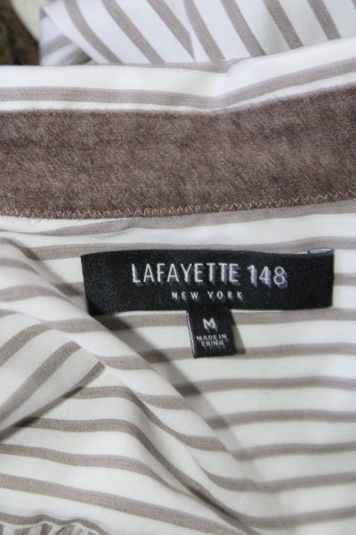 Lafayette 148 New York Womens Striped Half Button Shirt White Brown Size Medium