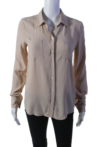 Faconnable Womens Button Front Long Sleeve Collared Pocket Shirt Beige FR 34