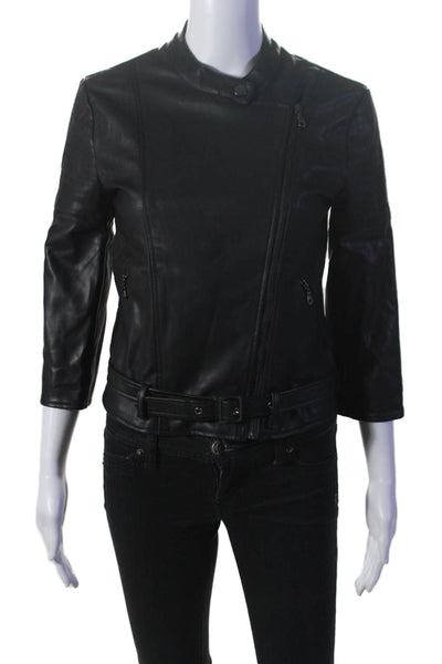 David Lerner Womens Black Vegan Leather Zip Long Sleeve Motorcycle Jacket Size S