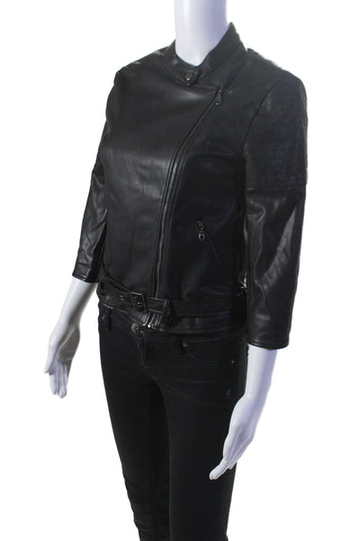 David Lerner Womens Black Vegan Leather Zip Long Sleeve Motorcycle Jacket Size S