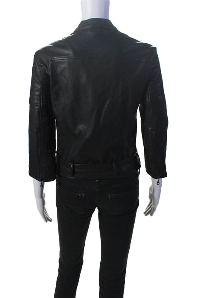 David Lerner Womens Black Vegan Leather Zip Long Sleeve Motorcycle Jacket Size S