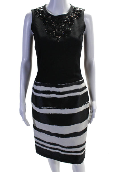 St. John Women's Round Neck Sleeveless Embellish Midi Dress Black White Size 2