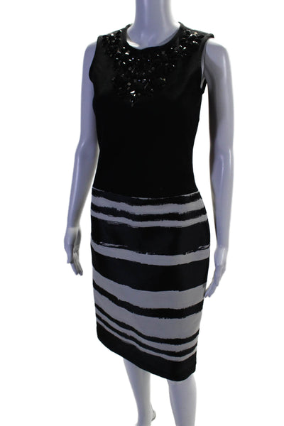 St. John Women's Round Neck Sleeveless Embellish Midi Dress Black White Size 2