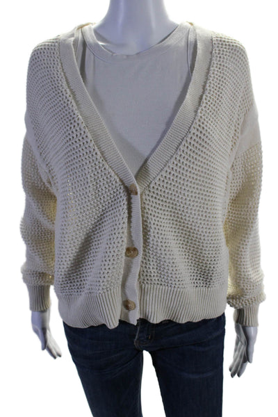 Elizabeth and James Womens Cotton Open Knit V-neck Cardigan Sweater White Size M