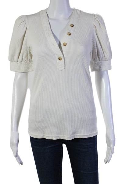 10 Crosby Derek Lam Womens Cotton Ribbed Buttoned V-Neck Blouse Beige Size S