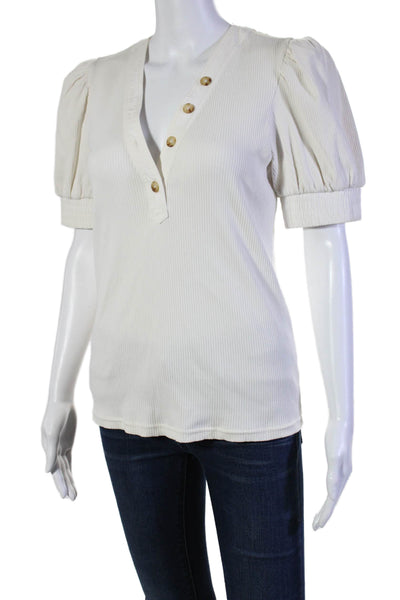 10 Crosby Derek Lam Womens Cotton Ribbed Buttoned V-Neck Blouse Beige Size S