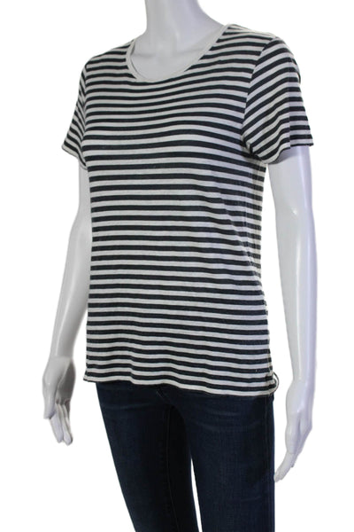 Majestic Filatures Womens Linen Striped Round Neck Short Sleeve Top White SIze M