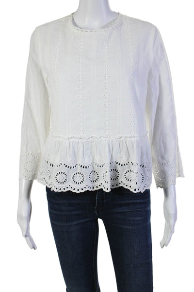 English Factory Womens Battenberg Lace Peplum Long Sleeve Blouse White Size M