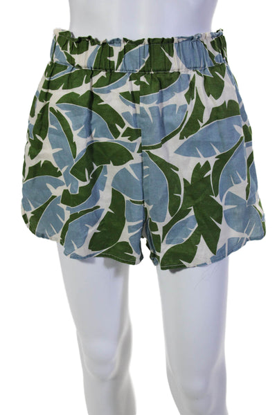 Birds of Paradis Womens Linen Graphic Colorblock Ruched Shorts Blue Green Size S