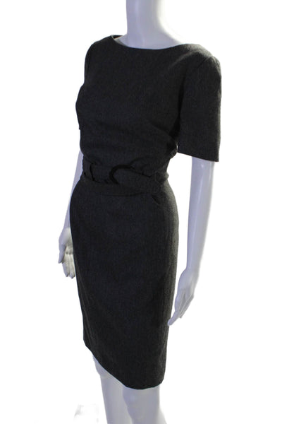 Agnona Womens Short Sleeves Belted Sheath Dress Gray Wool Blend Size EUR 46