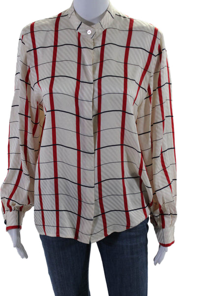 Akris Womens Button Front Long Sleeve Plaid Silk Shirt White Red Size FR 40