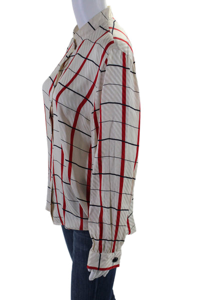 Akris Womens Button Front Long Sleeve Plaid Silk Shirt White Red Size FR 40