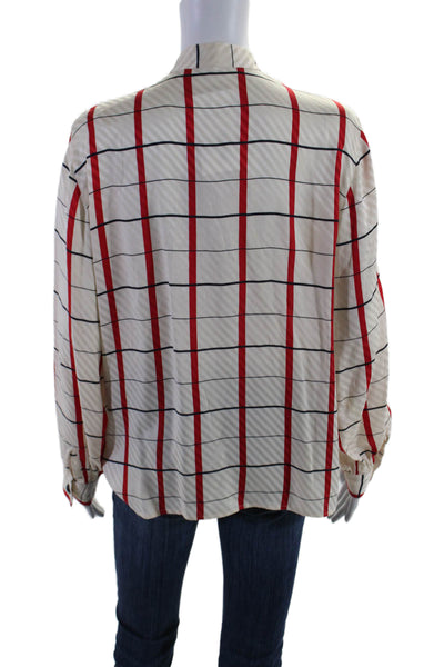 Akris Womens Button Front Long Sleeve Plaid Silk Shirt White Red Size FR 40