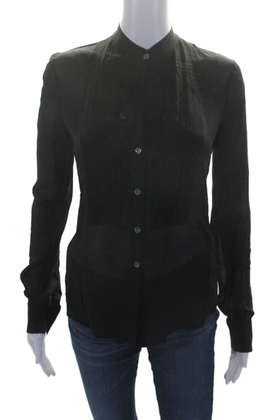 Theory Womens Button Front Long Sleeve Crew Neck Silk Shirt Black Size Petite