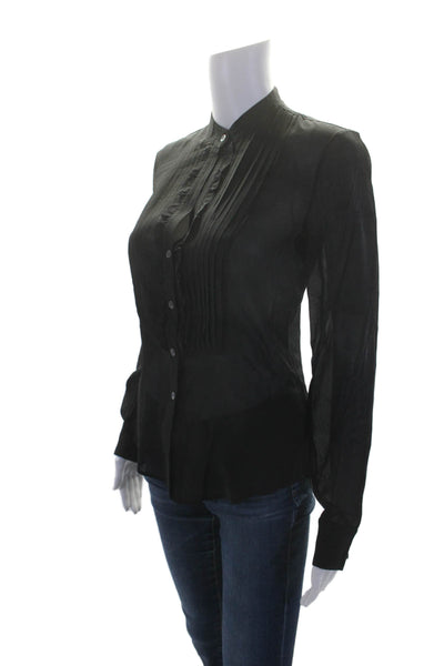 Theory Womens Button Front Long Sleeve Crew Neck Silk Shirt Black Size Petite