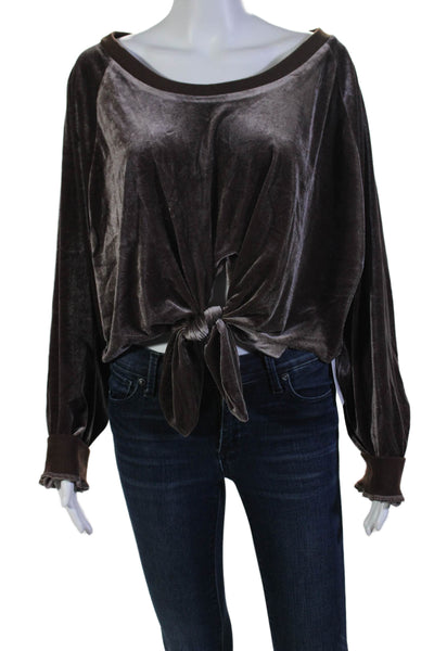 Nude Womens Long Sleeve Tie Front Oversized Velvet Cropped Shirt Brown Large