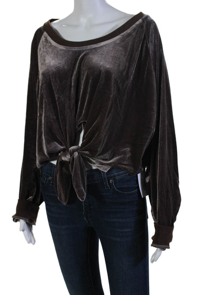 Nude Womens Long Sleeve Tie Front Oversized Velvet Cropped Shirt Brown Large