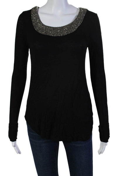 Ella Moss Womens Long Sleeve Beaded Scoop Neck Tee Shirt Black Size Small