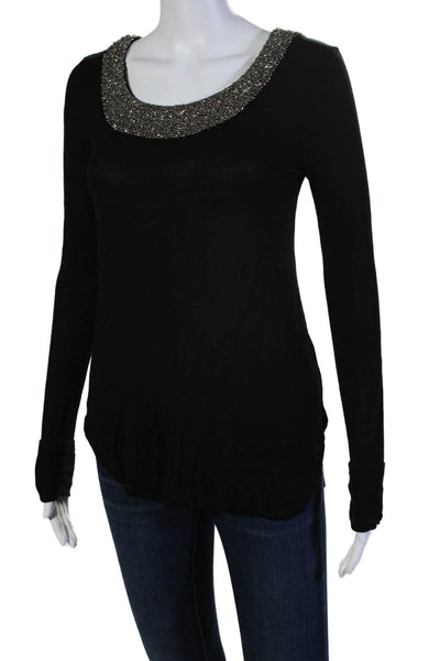 Ella Moss Womens Long Sleeve Beaded Scoop Neck Tee Shirt Black Size Small