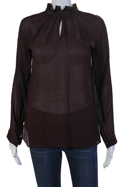 Giorgio Armani Womens Long Sleeve Keyhole Silk Blouse Dark Burgundy Size IT 38