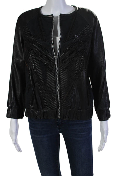 IRO Womens Front Zip Long Sleeve Beaded Leather Jacket Black Size IT 40