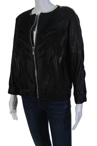 IRO Womens Front Zip Long Sleeve Beaded Leather Jacket Black Size IT 40