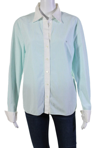 Escada Sport Womens Striped Button Down Shirt Blue White Cotton Size EUR 42