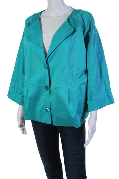 Escada Womens Long Sleeves Button Down Jacket Turquoise Blue Cotton Size Small