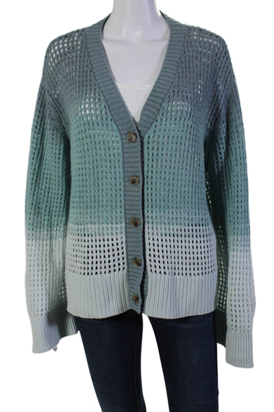 ATM Womens Open Knit Long Sleeves Cardigan Sweater Blue Wool Blend Size Large