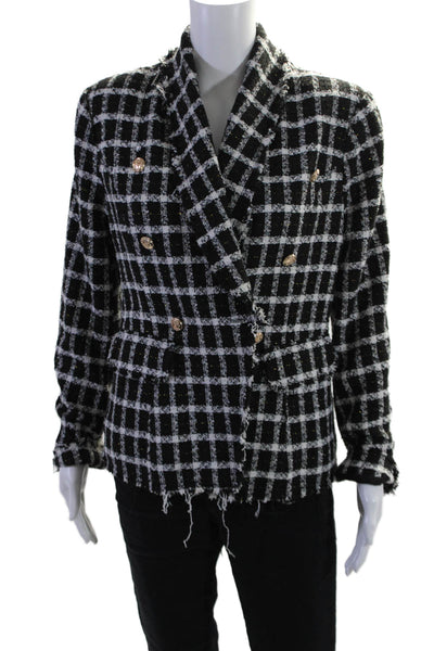 Aqua Womens Tweed Double Breasted Plaid Blazer Black White Size L