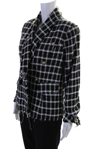 Aqua Womens Tweed Double Breasted Plaid Blazer Black White Size L