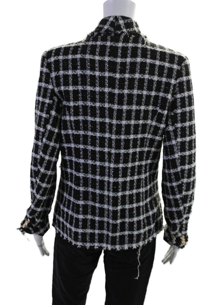 Aqua Womens Tweed Double Breasted Plaid Blazer Black White Size L