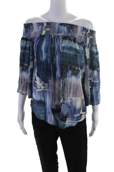 Fifteen Twenty Womens Short Sleeve Off Shoulder Abstract Print Blouse Blue Size