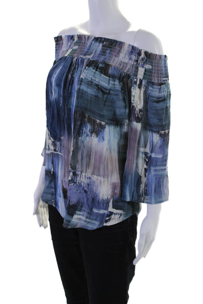 Fifteen Twenty Womens Short Sleeve Off Shoulder Abstract Print Blouse Blue Size