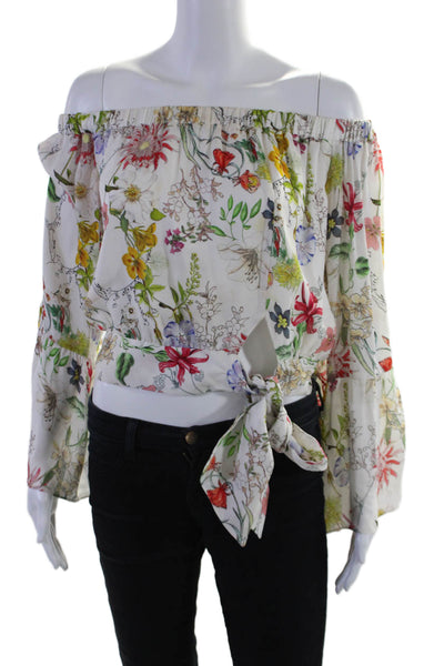 Parker Womens Silk Off Shoulder Floral Bell Sleeve Blouse White Size XS