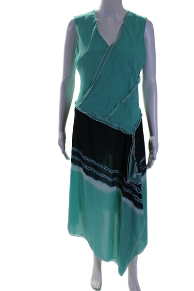 Donna Karan Women's Sleeveless Ruffle Asymmetrical Hem Midi Dress Green Size 8