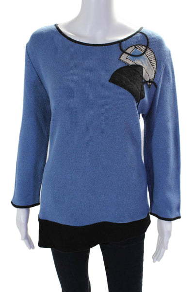 Jaskar Womens Cotton Blue Applique Scoop Neck Long Sleeve Sweater Top Size M