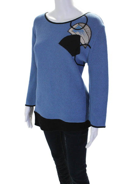 Jaskar Womens Cotton Blue Applique Scoop Neck Long Sleeve Sweater Top Size M