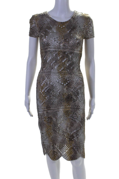 Oscar de la Renta Womens Textured Short Sleeve Round Neck Dress Bronze Size XS