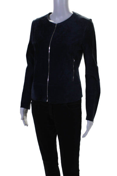 Ecru Womens Leather Textured Long Sleeve V-neck Zip Fitted Jacket Navy Size S