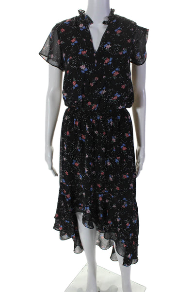 1. State Womens Floral Spotted Print Ruched Ruffled High-Low Dress Black SIze XS