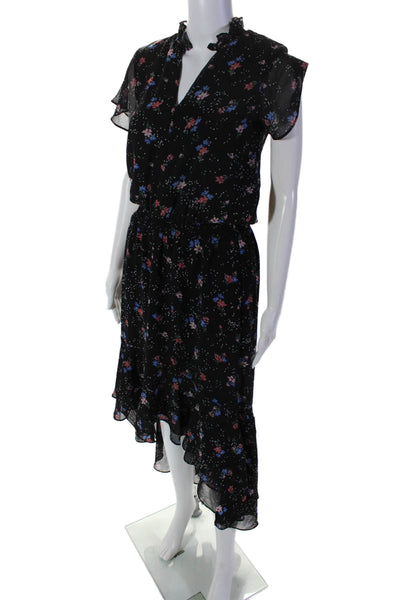 1. State Womens Floral Spotted Print Ruched Ruffled High-Low Dress Black SIze XS